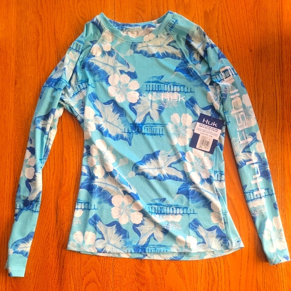Huk Long Sleeve Shirt Blue Aqua Printed Pursuit Size Small - Picture 1 of 3